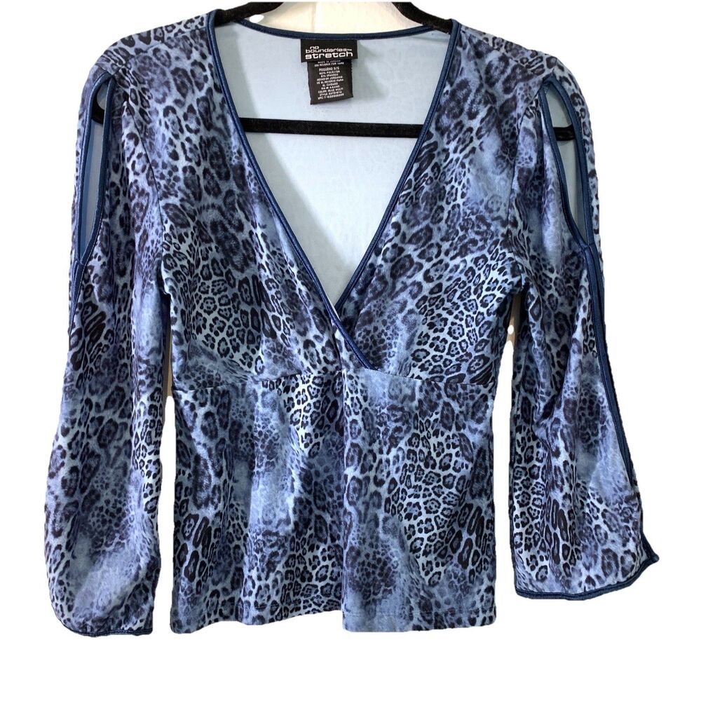 Vtg No Boundaries Womens Small Shirt Babydoll V Neck Wrap Blue Animal Y2K Preppy